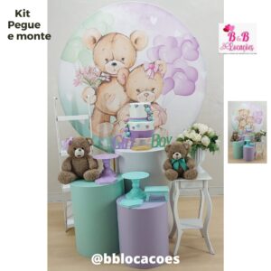 Kit Pegue e monte decoração aniversário infantil - Chá Revelação Ursos (Coração verde/lilás) - Kit Clássico